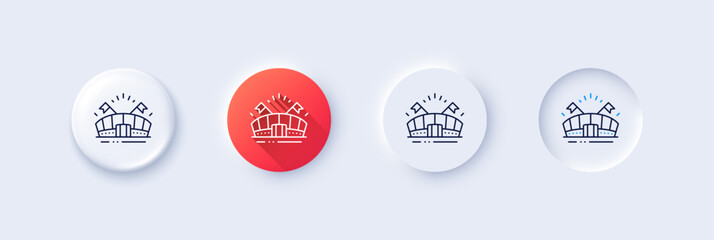 Sports arena line icon. Neumorphic, Red gradient, 3d pin buttons. Stadium with flags sign. Sport complex symbol. Line icons. Neumorphic buttons with outline signs. Vector