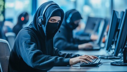 Call center scammers  criminals in hoods and masks using computers to deceive victims