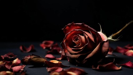 Dried red rose flower pattern which has withered or lacks water botanical background. An old dry rose with crumbs from dry petals. Dried Rosebuds. Panorama. Banner. Space for text and design