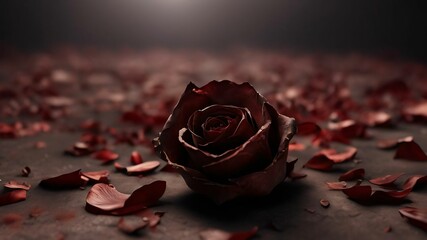 Dried red rose flower pattern which has withered or lacks water botanical background. An old dry rose with crumbs from dry petals. Dried Rosebuds. Panorama. Banner. Space for text and design