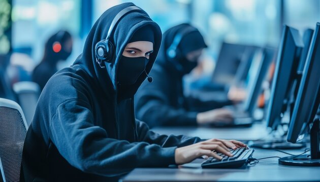 Call center scammers  criminals in hoods and masks using computers to deceive victims