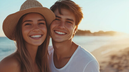 Młoda para, zadowolona i uśmiechnięta, spędza słoneczny dzień na plaży. Ich radość i bliskość są podkreślone przez ciepłe, letnie światło i malowniczy nadmorski krajobraz.