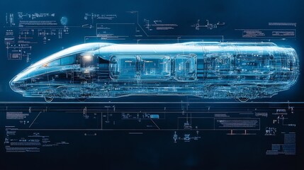 Blueprint of futuristic train with detailed carriage designs and technical specs