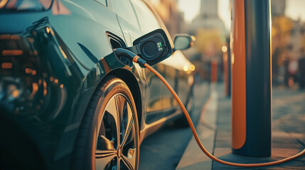 Elektryczny pojazd przy stacji ładowania z wpiętym kablem zasilającym. Widok ten ukazuje nowoczesne podejście do zasilania pojazdów elektrycznych i wygodę korzystania z stacji ładowania.