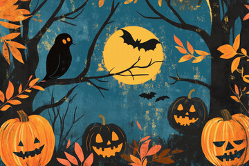 Halloween 80s background. Halloween pumpkins jack lantern, bat and owl on a tree branch with leaves on blue night background sky with full Moon,silhouette illustration. Halloween retro background