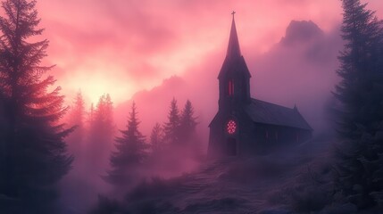 Fototapeta premium misty mountain chapel at dawn soft pink and lavender sky ancient stone structure nestled among evergreens serene mystical atmosphere with gentle fog rolling through