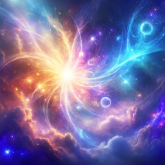 Fototapeta premium A colorful universe, featuring a large spiral of glowing colors. The spiral extends across the entire width of the image, creating a sense of depth and movement.