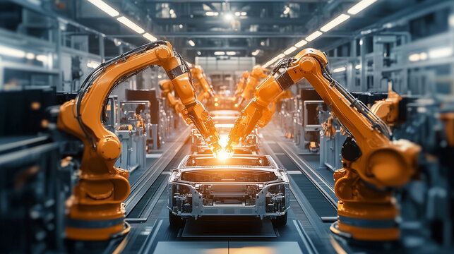 Nowoczesna linia montażowa z zaawansowanymi robotami w fabryce samochod&oacute;w. Automatyczne ramiona precyzyjnie wykonują zadania, zapewniając efektywność i dokładność w produkcji pojazd&oacute;w.