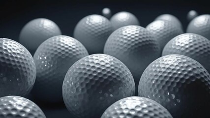 Many golf balls together closeup isolated on white. Textured background of used golf balls. Professional sports industry, equipment hobby participation. White golf balls background. Banner. Close up 