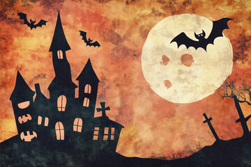 Halloween 80s background. Halloween pumpkins jack lantern, bat and old castle on night background with full Moon, illustration. Halloween retro background. Orange and black color element