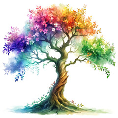 Illustration of a beautifully painted, rainbow-colored tree with various shades of green and purple leaves. The different colors and shades of green and purple create a vibrant atmosphere.