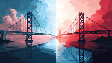 Fototapeta premium Split view of a bridge with red and blue hues. Bridge. Illustration