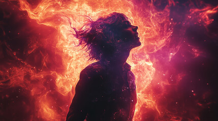 A dramatic silhouette of a woman enveloped in flames, symbolizing resilience, transformation, and power