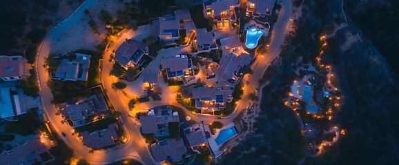 Aerial view of a residential neighborhood at night with glowing streetlights and pools.