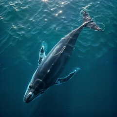Naklejka premium a majestic humpback whale gracefully gliding through the deep blue ocean, its massive form and powerful tail cutting through the water.