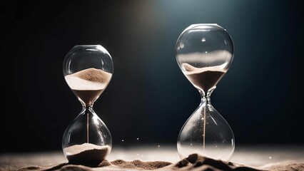 Hourglass on black background. Close up of hourglass with black sand and copy space on black background. Sands of Time. The Sand Clock. The Flow of Time. Sand clock. Concept of Time