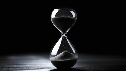 Hourglass on black background. Close up of hourglass with black sand and copy space on black background. Sands of Time. The Sand Clock. The Flow of Time. Sand clock. Concept of Time