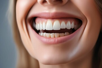 Obraz premium Radiant white smile from teeth whitening treatment. Smile with white healthy teeth of young woman. Close up of a woman's smile. Dental health and oral hygiene. Smile with black woman teeth