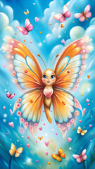 Fototapeta premium Smiling fantasy butterfly character with heart details, watercolor style, vibrant and playful atmosphere