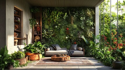 Modern green house interior with lush plants and garden elements picture