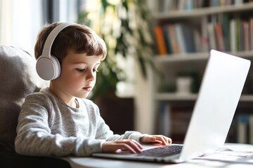 Child engaged in online learning with teacher via video call at home  a homeschooling perspective