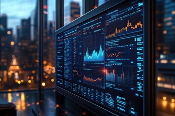 A computer monitor displays a series of graphs and numbers