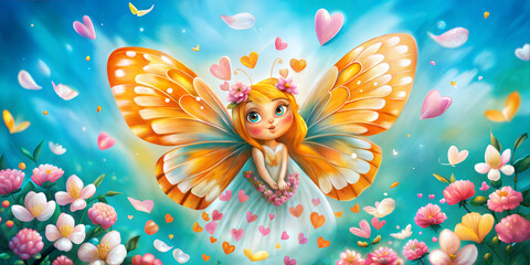 Fototapeta premium Fantasy fairy with orange butterfly wings surrounded by hearts and flowers, watercolor style, vibrant and joyful atmosphere