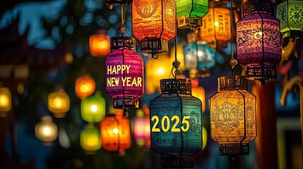 Obraz premium Happy New Year 2025 Colorful Lanterns A night scene filled with colorful lanterns lighting up the sky