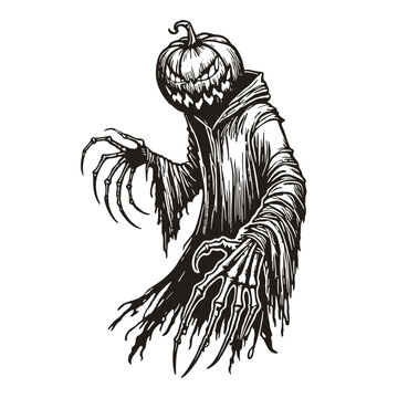 recommend clip art: Halloween Pumpkin Head Reaper Line Art. Cartoon Scary Character in Cloak with Scary Pumpkin Face. Creepy Surreal Horror Halloween High-Contrast Vector Illustration. Bold Black Jack-O-Lantern Logo	