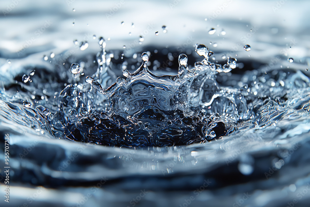 Poster an abstract composition of multiple droplets of different sizes colliding and merging, forming intri