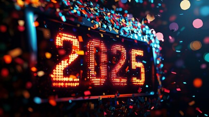 Happy New Year 2025  Countdown Clock A digital countdown clock approaching midnight, with vibrant colors and confetti ready to burst as the New Year 2025 arrives
