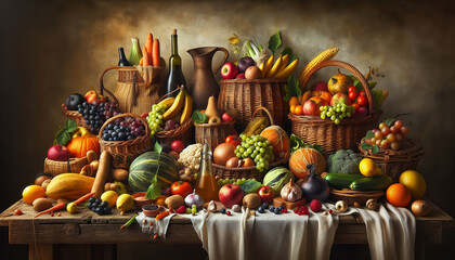 Fototapeta premium A rustic still life of vibrant fruits and vegetables in baskets on a wooden table against a dark background.