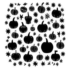 primitive outline illustration. halloween pattern of festive pumpkins. black and white drawing