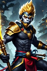  The Legendary Monkey King in Striking Warrior Pose, Adorned in Ornate Armor, Surrounded by Mystical Elements and Vibrant Energy.