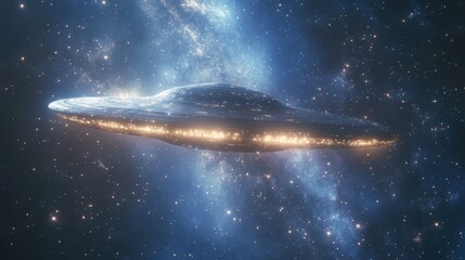 Fototapeta premium space exploration, a futuristic ufo gliding through a starlit galaxy on a cosmic blue canvas, celebrating ufo world day in stellar style