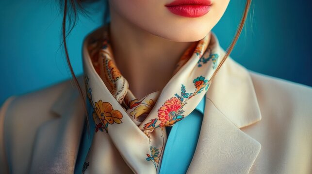 chic silk scarf on blazer and blouse creates a stylish look for women fashion concept banner showcases elegant outfit completion