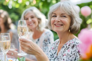 Joyful celebration senior woman surrounded by friends at a summer garden birthday party