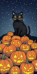 Black cat atop glowing jack-o'-lanterns under starry night