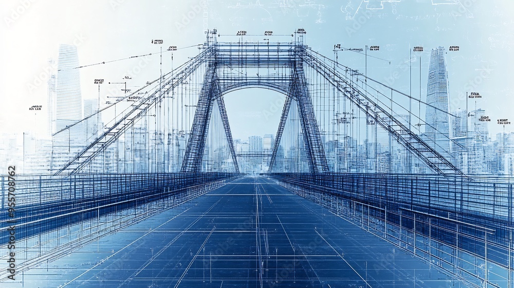 Wall mural blueprint of modern bridge with structural elements support details and measurements