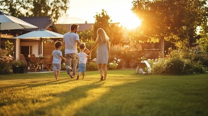 A family enjoys a stroll in their backyard at sunset, surrounded by lush greenery and blooming flowers