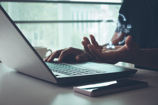 Digital content marketing cycle concept, creating, publishing, distributing content for a targeted audience online, analysis. Customer target attraction, online business social networking technology.