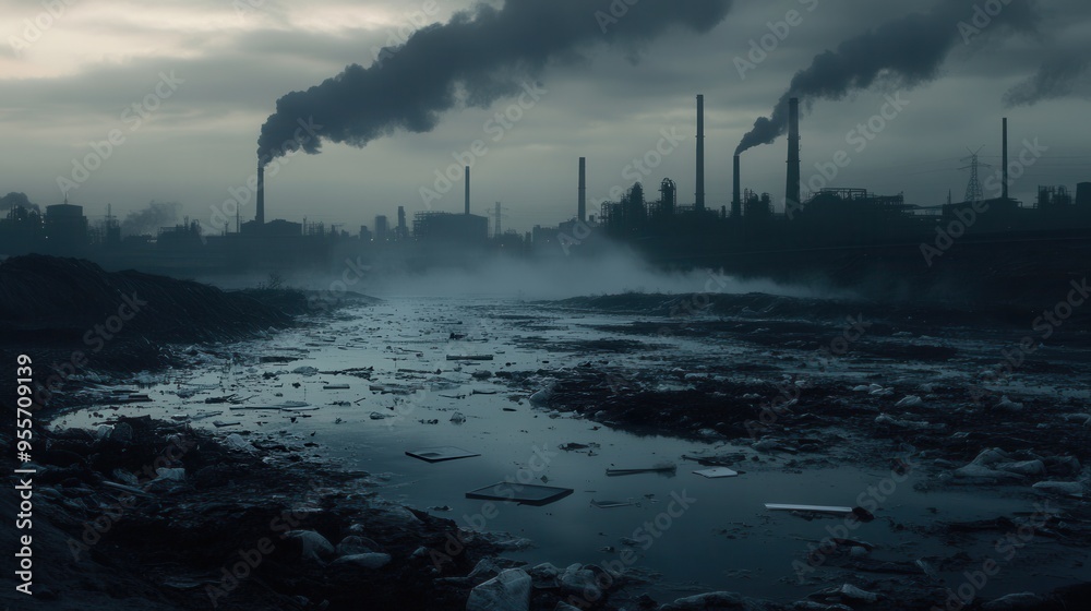 Poster A modern metropolis grapples with heavy smog from factories, while a river floats with plastic debris and broken environmental symbols. Generative AI