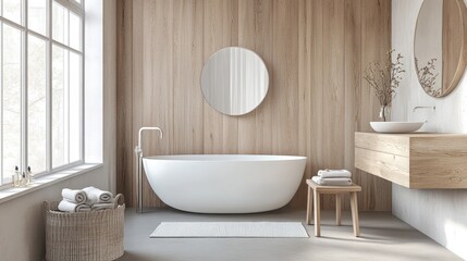 A contemporary Nordic bathroom with natural wood finishes, a sleek white bathtub, and minimalist design.