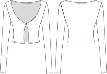 long sleeve scoop neck u neck buttoned low cut cutout cropped crop cardigan blouse top template technical drawing flat sketch cad mockup fashion woman design style model

