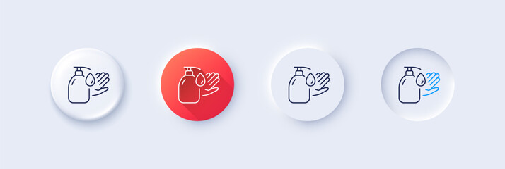 Wash hands line icon. Neumorphic, Red gradient, 3d pin buttons. Covid hygiene sign. Washing liquid symbol. Line icons. Neumorphic buttons with outline signs. Vector