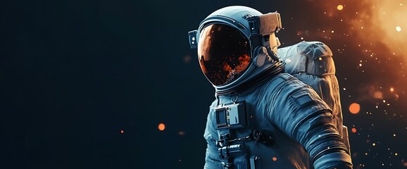 Astronaut in space suit with a dark background, gazing into the distance.