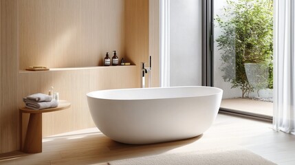 Fototapeta premium A contemporary Nordic bathroom with natural wood finishes, a sleek white bathtub, and minimalist design.