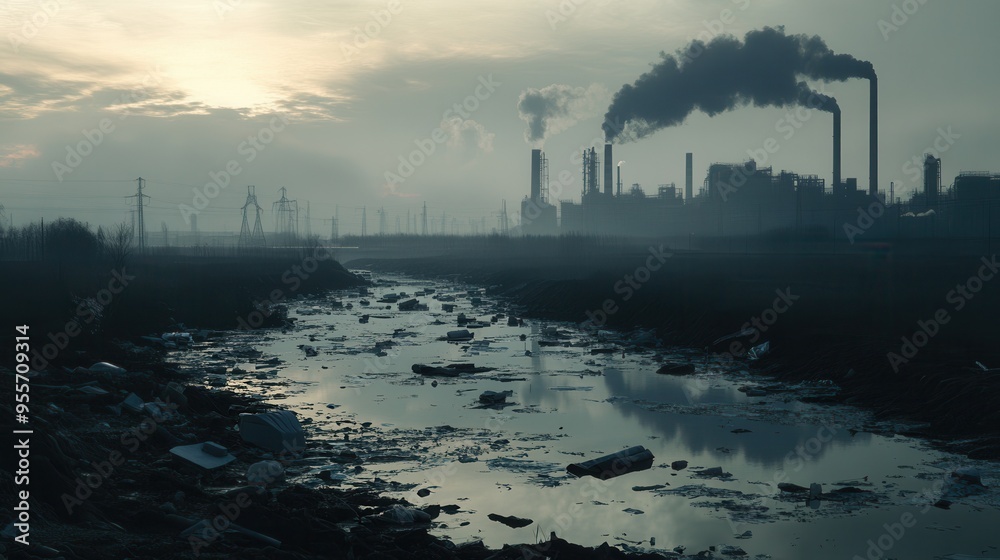 Poster a dense layer of smog hangs over a city, silhouetted factories loom on the horizon, while plastic de