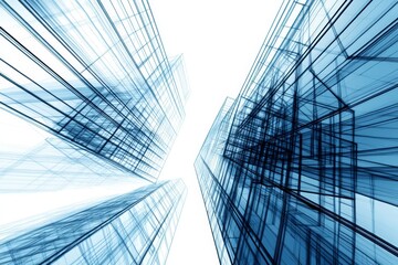 Symmetrical modern architectural blueprint featuring two foreground buildings with technical details