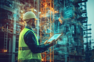 Engineer analyzing holographic blueprints at construction site with crane and laptop in profile view